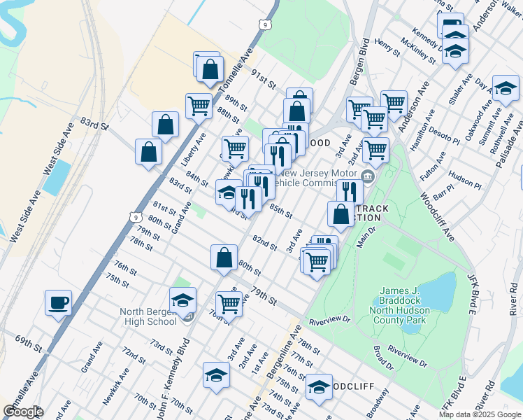 map of restaurants, bars, coffee shops, grocery stores, and more near in North Bergen