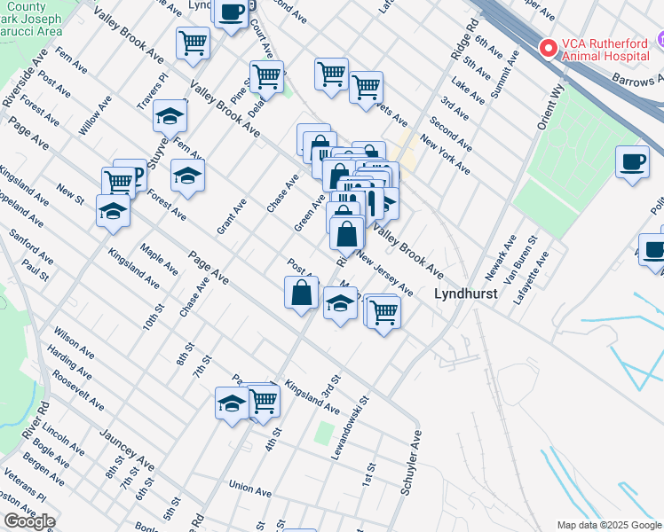 map of restaurants, bars, coffee shops, grocery stores, and more near 565 Fern Avenue in Lyndhurst