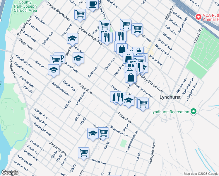 map of restaurants, bars, coffee shops, grocery stores, and more near 501 Post Avenue in Lyndhurst