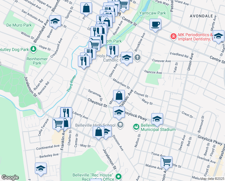 map of restaurants, bars, coffee shops, grocery stores, and more near 63-65 Newark Avenue in Belleville