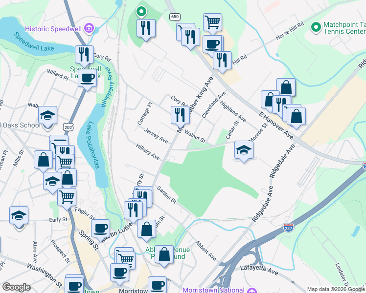map of restaurants, bars, coffee shops, grocery stores, and more near 7 Walnut Street in Morristown