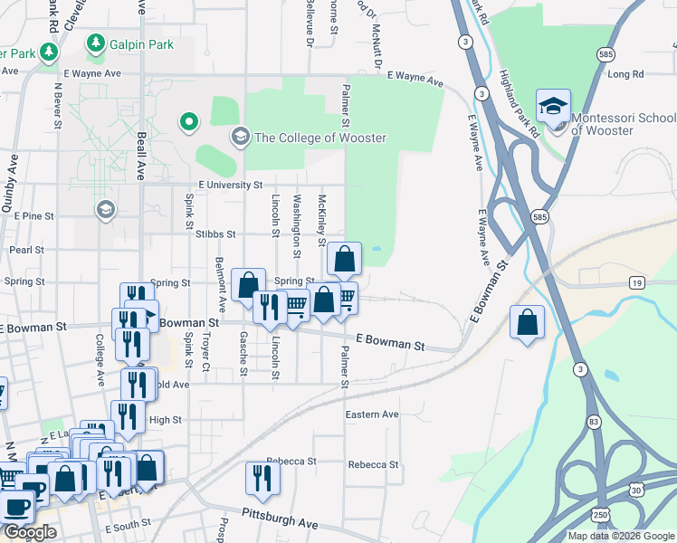 map of restaurants, bars, coffee shops, grocery stores, and more near 749 McKinley Street in Wooster