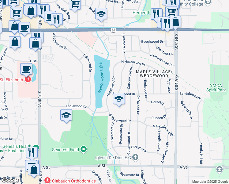 map of restaurants, bars, coffee shops, grocery stores, and more near 621 Hazelwood Drive in Lincoln