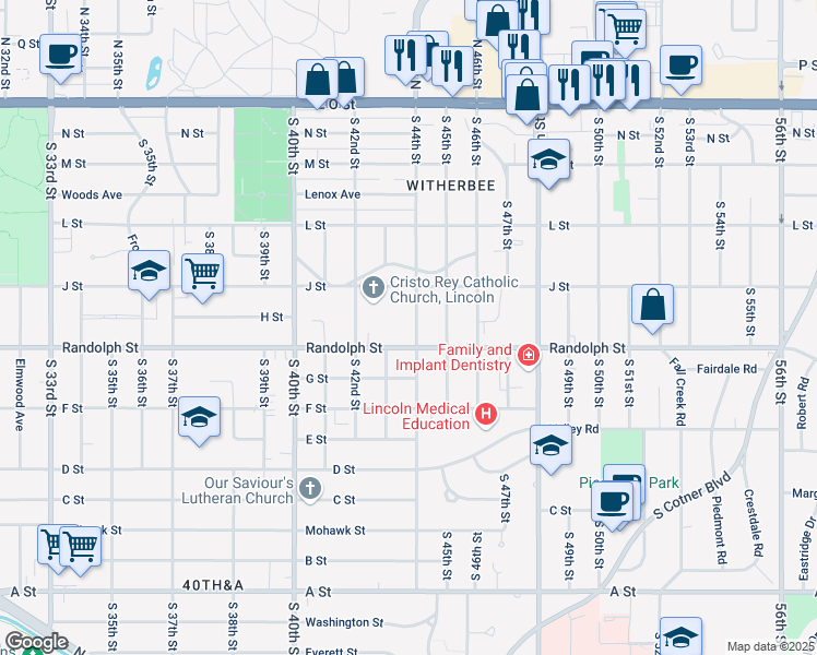 map of restaurants, bars, coffee shops, grocery stores, and more near 660 South 44th Street in Lincoln