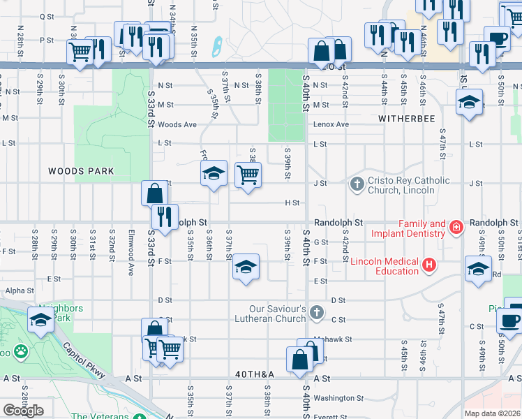 map of restaurants, bars, coffee shops, grocery stores, and more near 3788 H Street in Lincoln