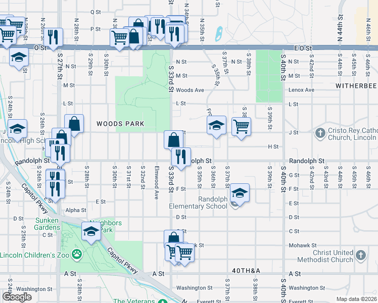 map of restaurants, bars, coffee shops, grocery stores, and more near 627 South 34th Street in Lincoln