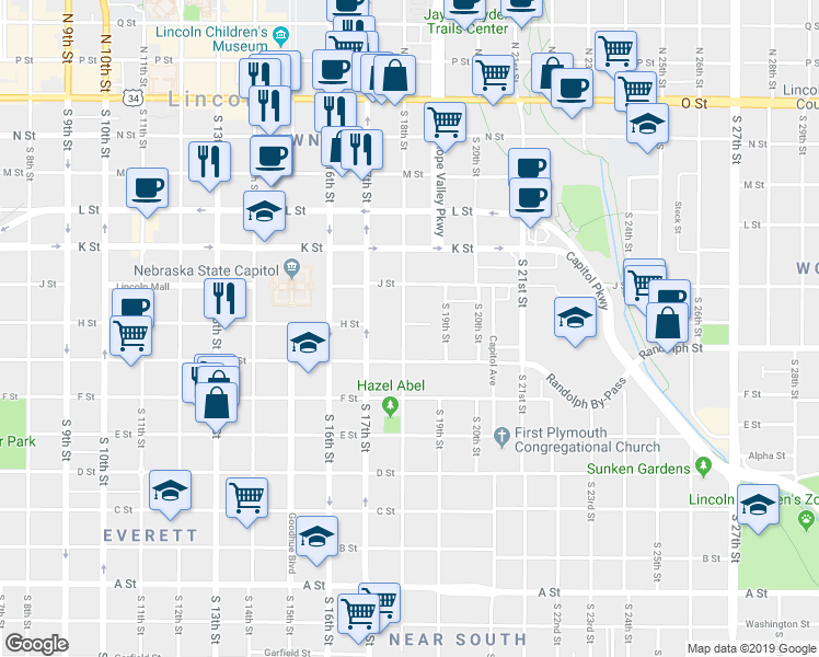 map of restaurants, bars, coffee shops, grocery stores, and more near 1829 J Street in Lincoln