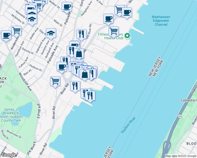 map of restaurants, bars, coffee shops, grocery stores, and more near 25 Marquis Court in Edgewater