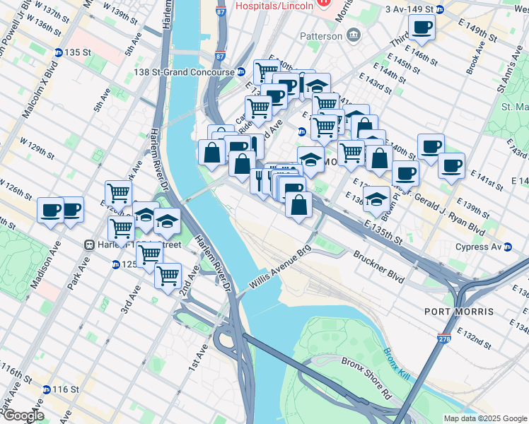 map of restaurants, bars, coffee shops, grocery stores, and more near 20 Bruckner Boulevard in Bronx