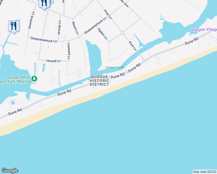 map of restaurants, bars, coffee shops, grocery stores, and more near 80 Dune Road in Westhampton Beach