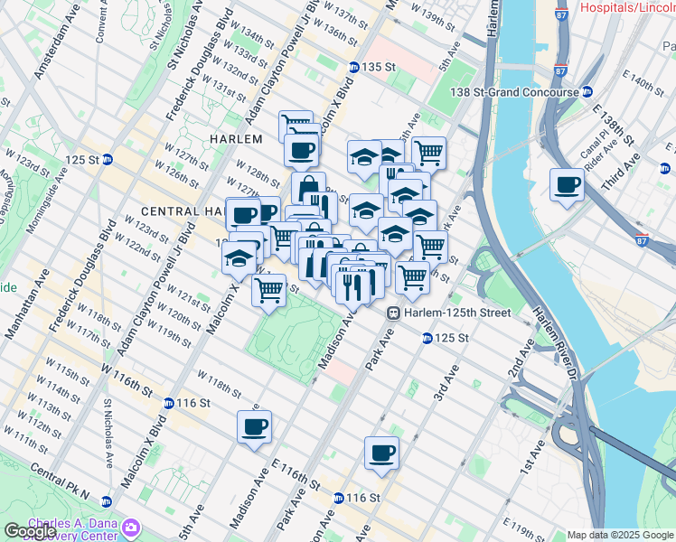 map of restaurants, bars, coffee shops, grocery stores, and more near 2 East 127th Street in New York