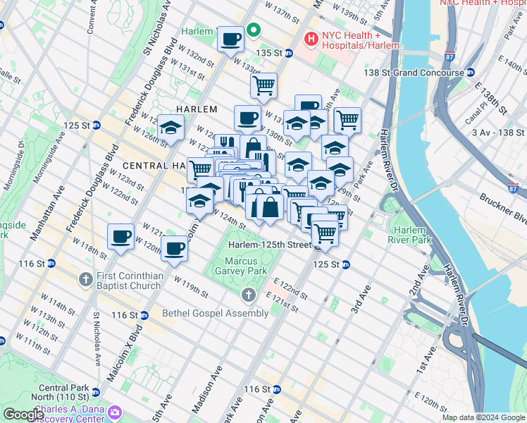 map of restaurants, bars, coffee shops, grocery stores, and more near 23 West 125th Street in New York