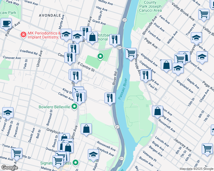 map of restaurants, bars, coffee shops, grocery stores, and more near 29 East Centre Street in Nutley