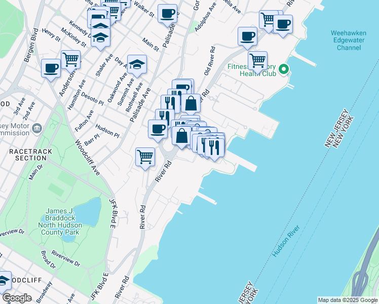map of restaurants, bars, coffee shops, grocery stores, and more near 26 The Promenade in Edgewater