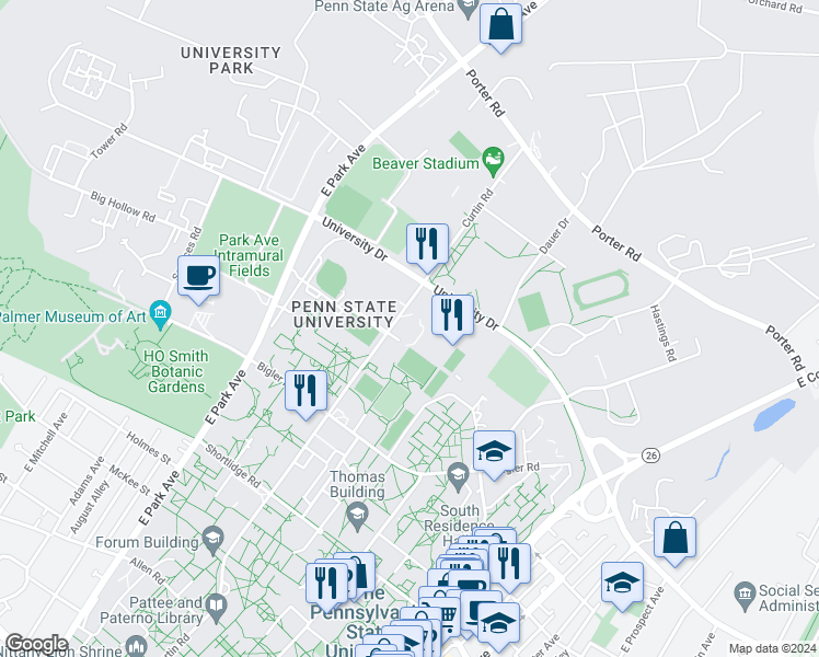 map of restaurants, bars, coffee shops, grocery stores, and more near Curtin Road in Centre County