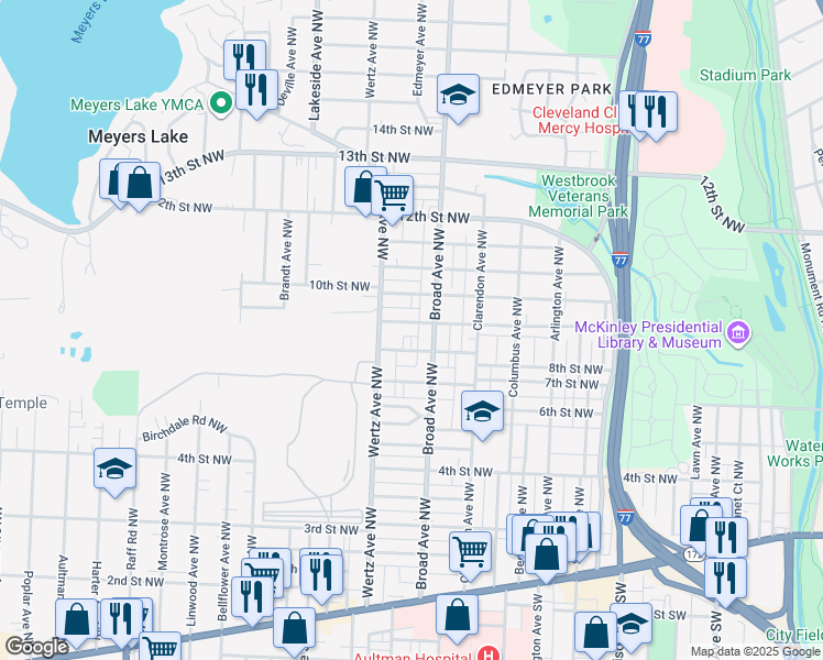 map of restaurants, bars, coffee shops, grocery stores, and more near 2904 10th Street Northwest in Canton
