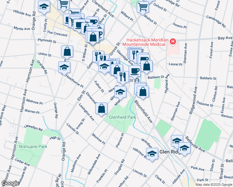 map of restaurants, bars, coffee shops, grocery stores, and more near 3 New Street in Montclair
