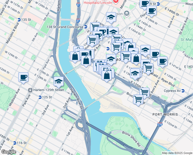 map of restaurants, bars, coffee shops, grocery stores, and more near in The Bronx