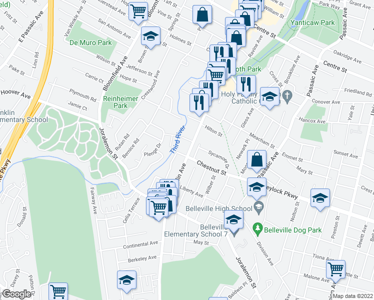 map of restaurants, bars, coffee shops, grocery stores, and more near 537 Franklin Avenue in Belleville