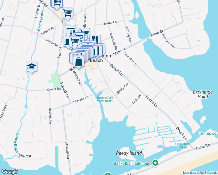 map of restaurants, bars, coffee shops, grocery stores, and more near Library Avenue in Westhampton Beach