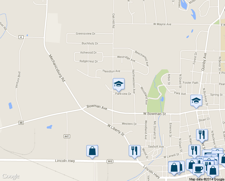 map of restaurants, bars, coffee shops, grocery stores, and more near 664 Oak Hill Road in Wooster