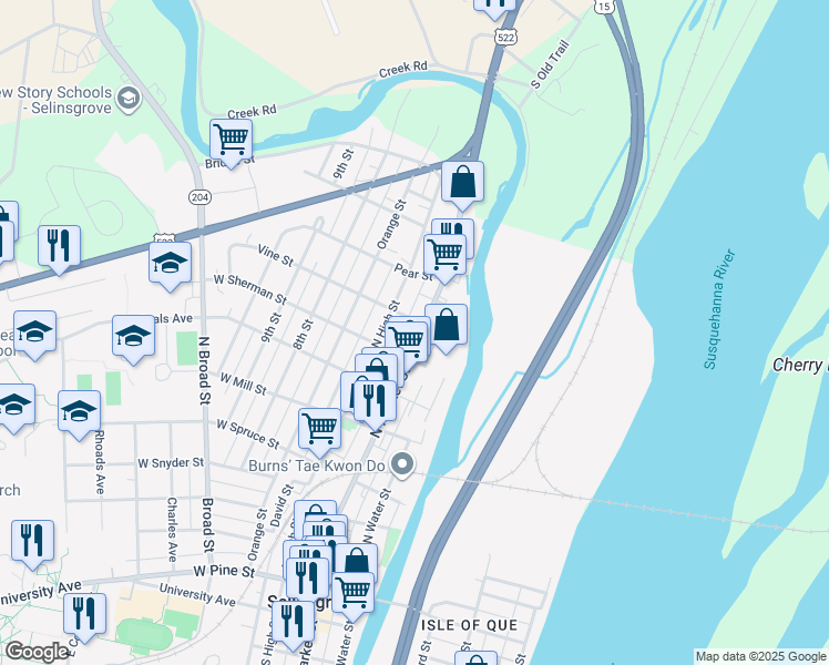 map of restaurants, bars, coffee shops, grocery stores, and more near 618 North Market Street in Selinsgrove