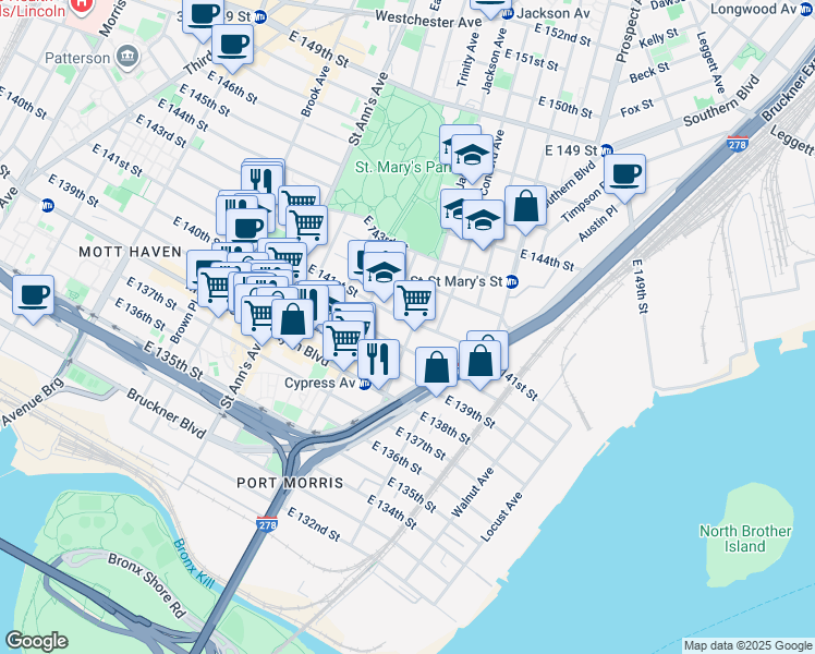 map of restaurants, bars, coffee shops, grocery stores, and more near 677 East 141st Street in The Bronx