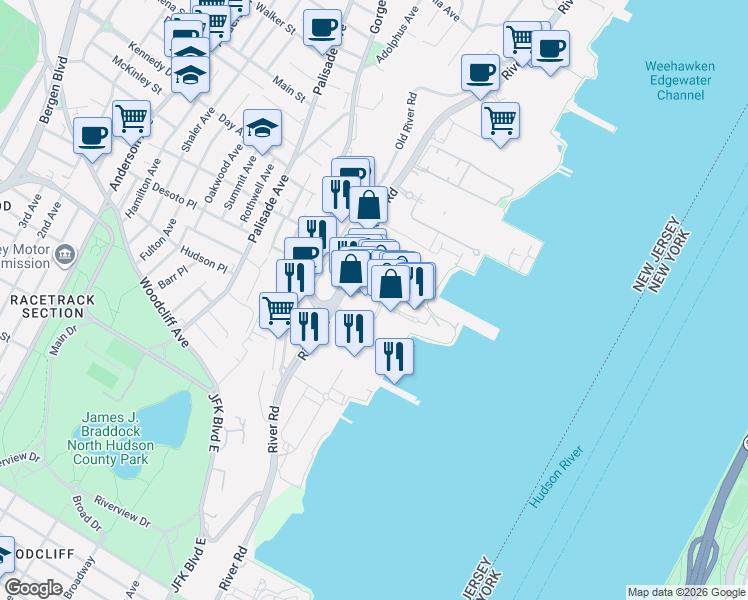 map of restaurants, bars, coffee shops, grocery stores, and more near 26 The Promenade in Edgewater