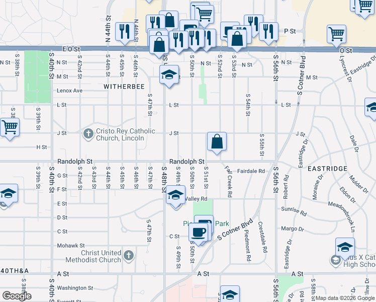 map of restaurants, bars, coffee shops, grocery stores, and more near 620 South 50th Street in Lincoln