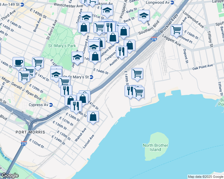 map of restaurants, bars, coffee shops, grocery stores, and more near 920 East 149th Street in The Bronx