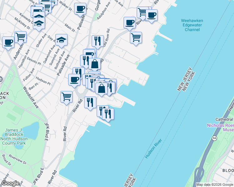 map of restaurants, bars, coffee shops, grocery stores, and more near 25 Marquis Court in Edgewater