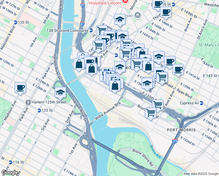 map of restaurants, bars, coffee shops, grocery stores, and more near in The Bronx