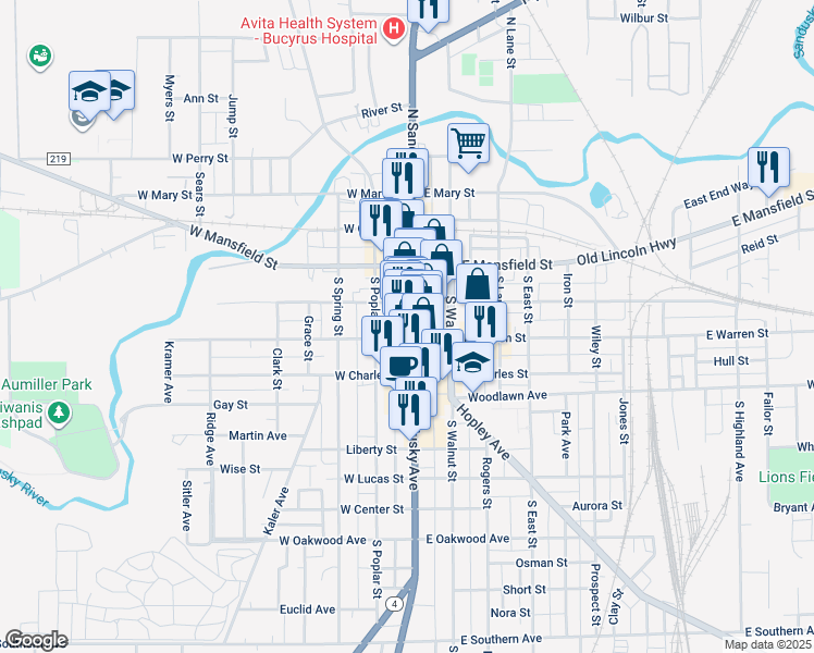 map of restaurants, bars, coffee shops, grocery stores, and more near 200 South Sandusky Avenue in Bucyrus