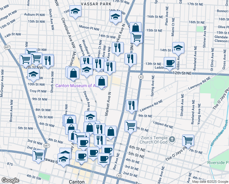 map of restaurants, bars, coffee shops, grocery stores, and more near 844-1076 Market Avenue North in Canton
