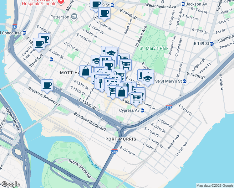 map of restaurants, bars, coffee shops, grocery stores, and more near in The Bronx