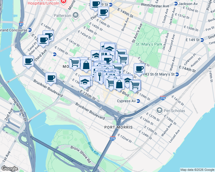 map of restaurants, bars, coffee shops, grocery stores, and more near in New York