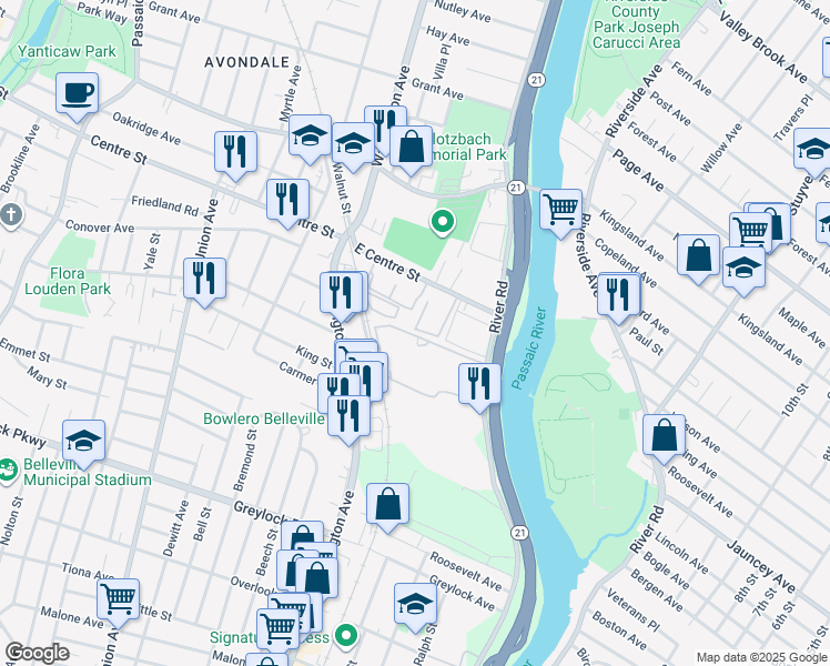 map of restaurants, bars, coffee shops, grocery stores, and more near 21 River Road in Nutley
