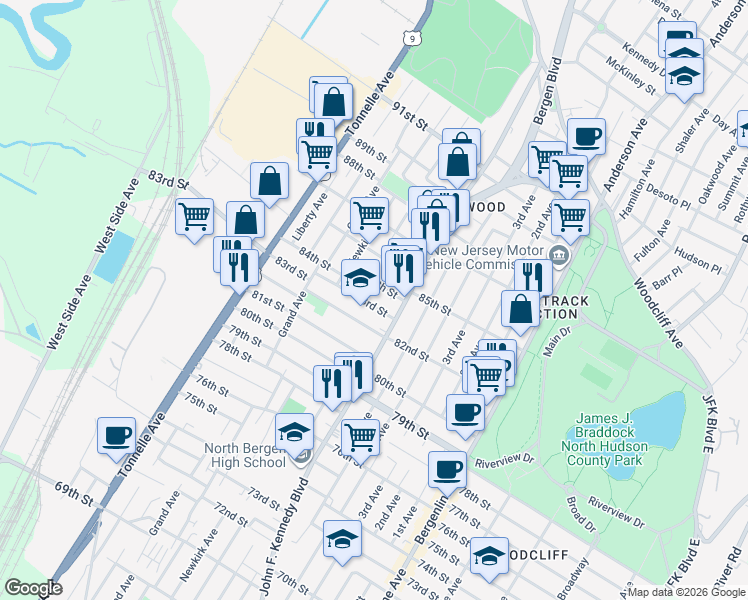 map of restaurants, bars, coffee shops, grocery stores, and more near 1120 84th Street in North Bergen