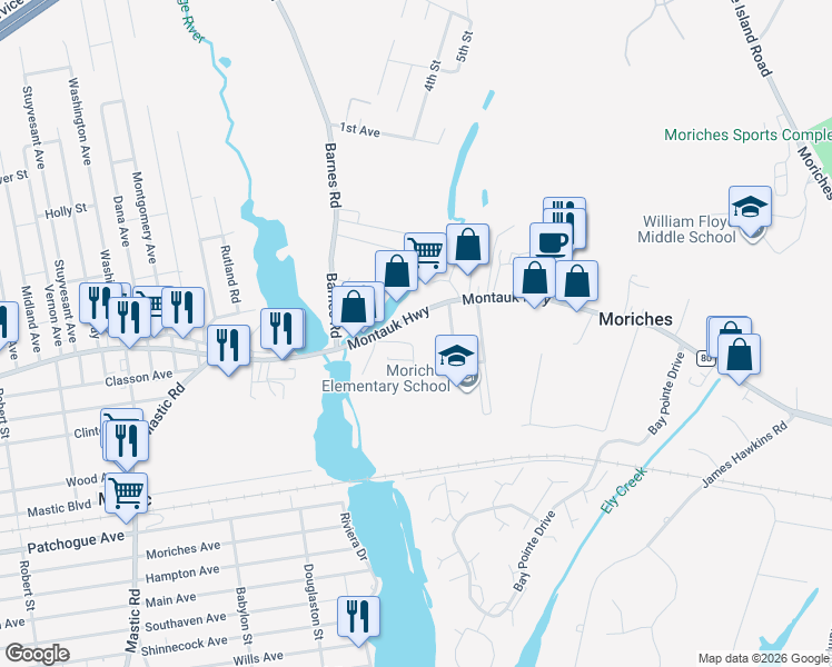 map of restaurants, bars, coffee shops, grocery stores, and more near 370 Montauk Highway in Moriches