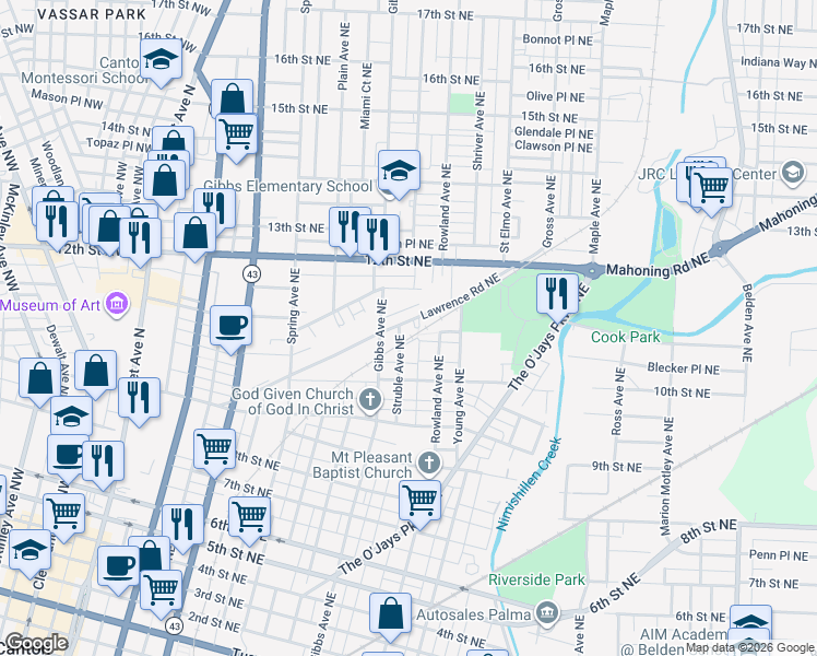map of restaurants, bars, coffee shops, grocery stores, and more near 1219 Lawrence Road Northeast in Canton