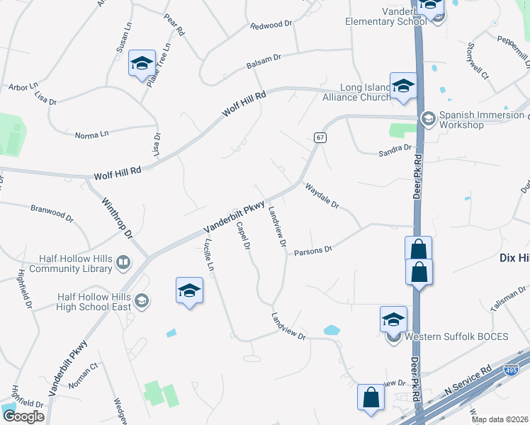 map of restaurants, bars, coffee shops, grocery stores, and more near 2 Landview Drive in Dix Hills