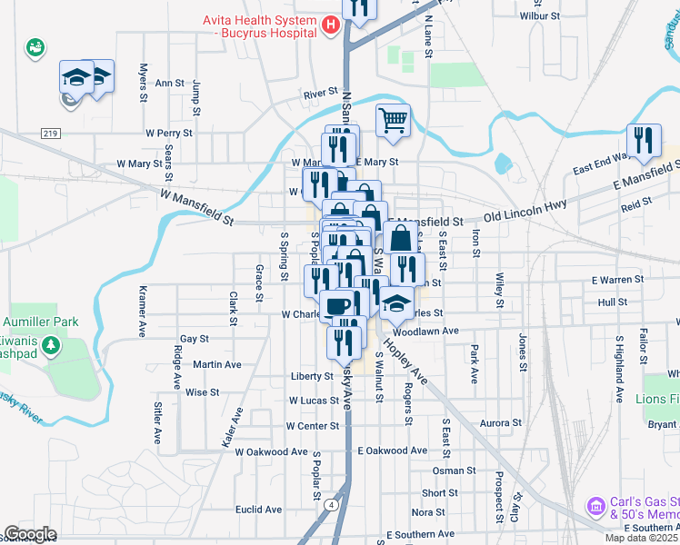 map of restaurants, bars, coffee shops, grocery stores, and more near 200-220 S Sandusky Ave in Bucyrus