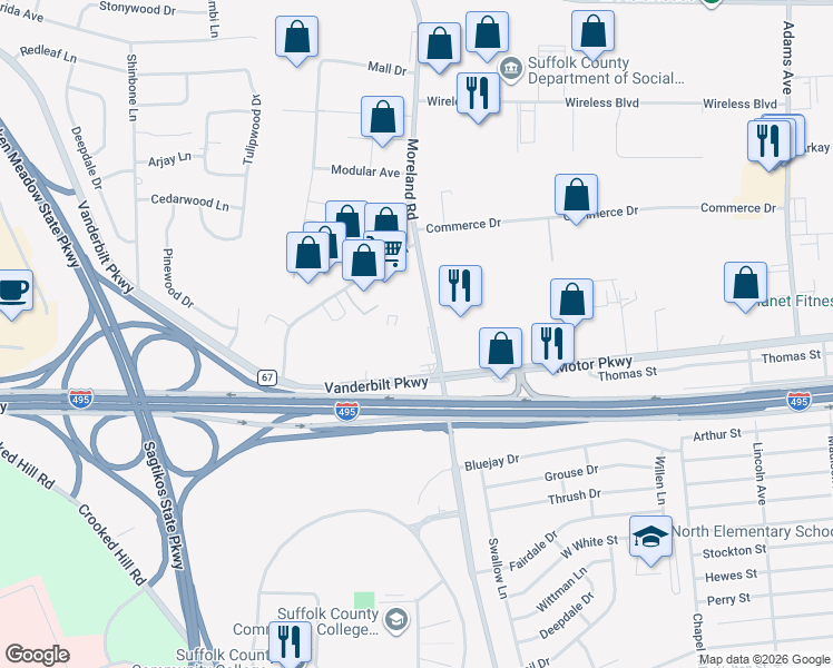 map of restaurants, bars, coffee shops, grocery stores, and more near 442 Moreland Rd in Commack