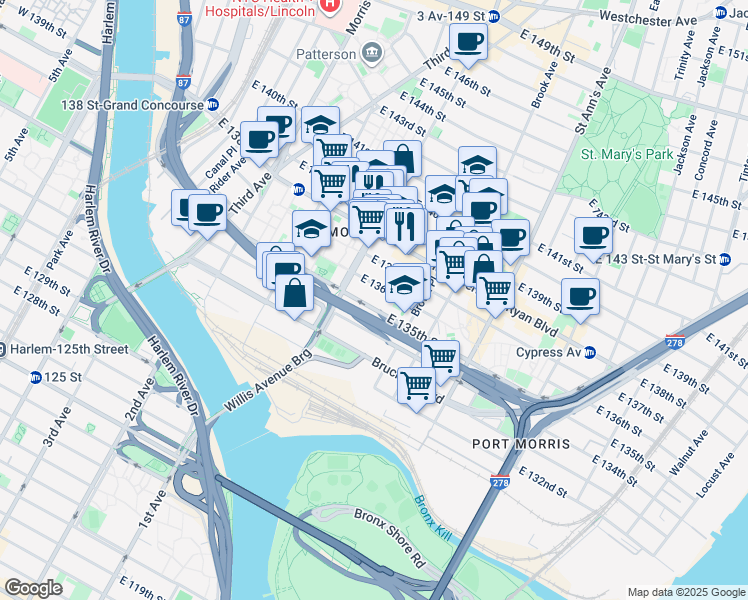 map of restaurants, bars, coffee shops, grocery stores, and more near 423 East 136th Street in Bronx