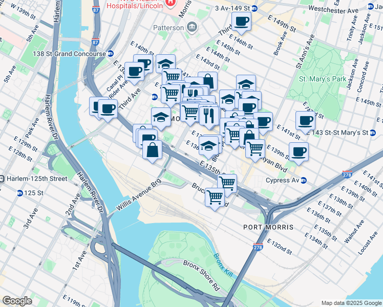 map of restaurants, bars, coffee shops, grocery stores, and more near 423 East 136th Street in Bronx