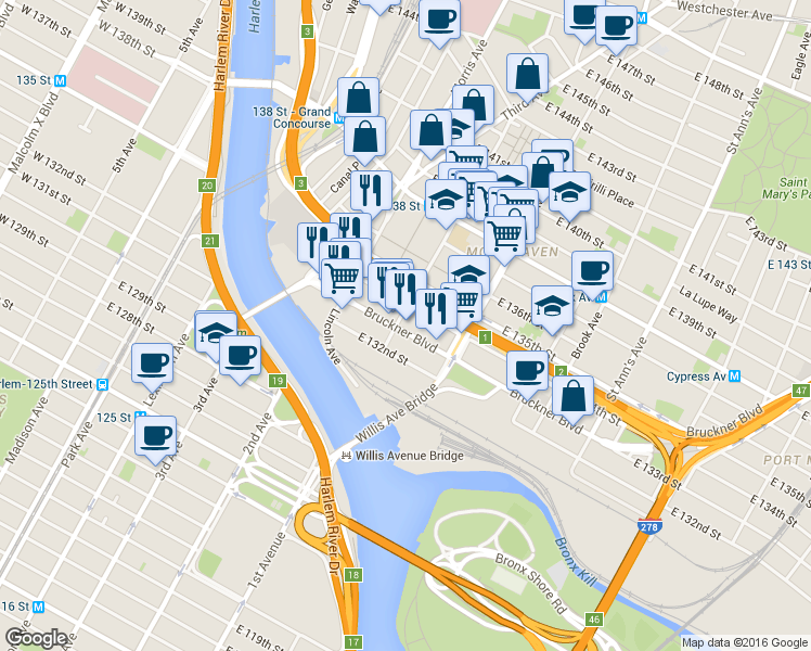 map of restaurants, bars, coffee shops, grocery stores, and more near in The Bronx