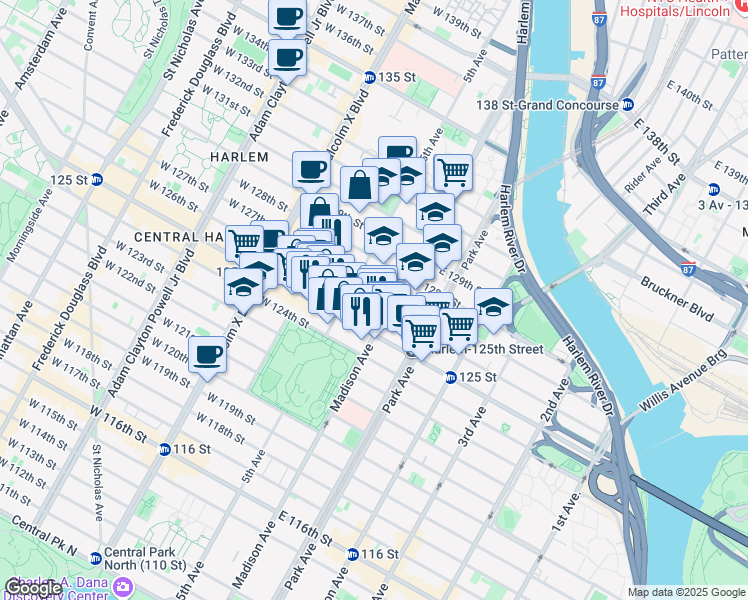 map of restaurants, bars, coffee shops, grocery stores, and more near 2 East 127th Street in New York