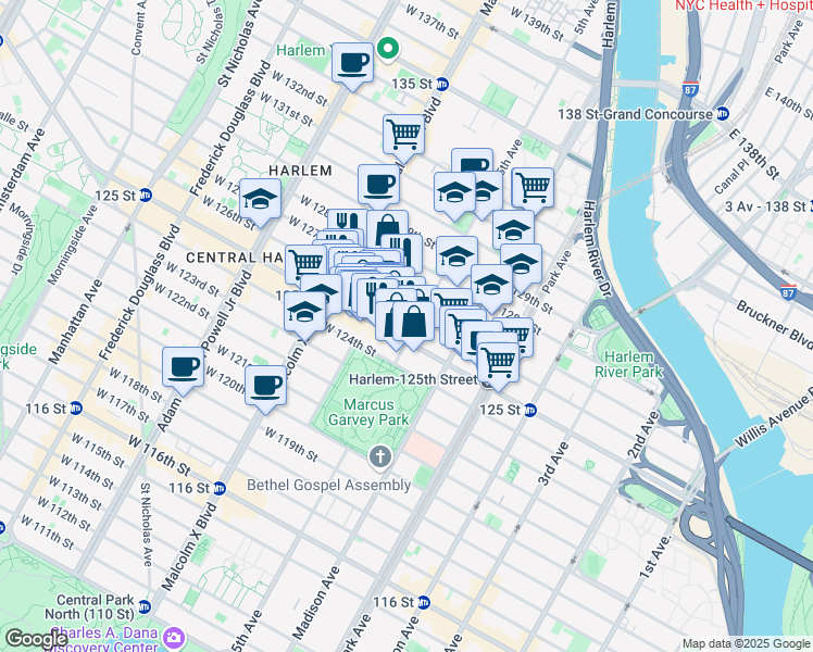 map of restaurants, bars, coffee shops, grocery stores, and more near 23 West 125th Street in New York