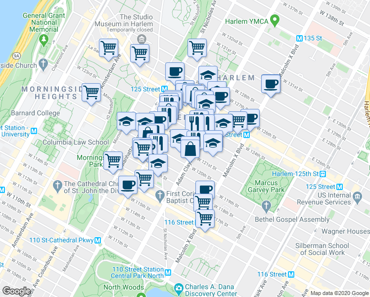 map of restaurants, bars, coffee shops, grocery stores, and more near 234 West 122nd Street in New York