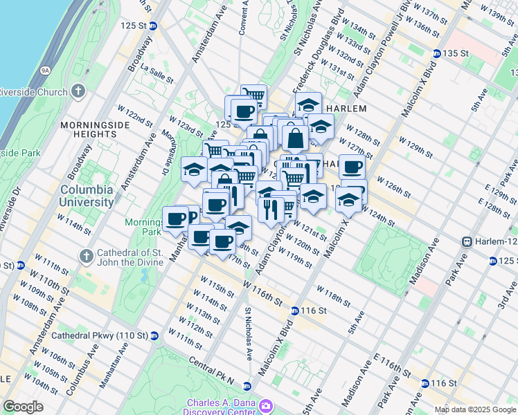 map of restaurants, bars, coffee shops, grocery stores, and more near 234 West 122nd Street in New York